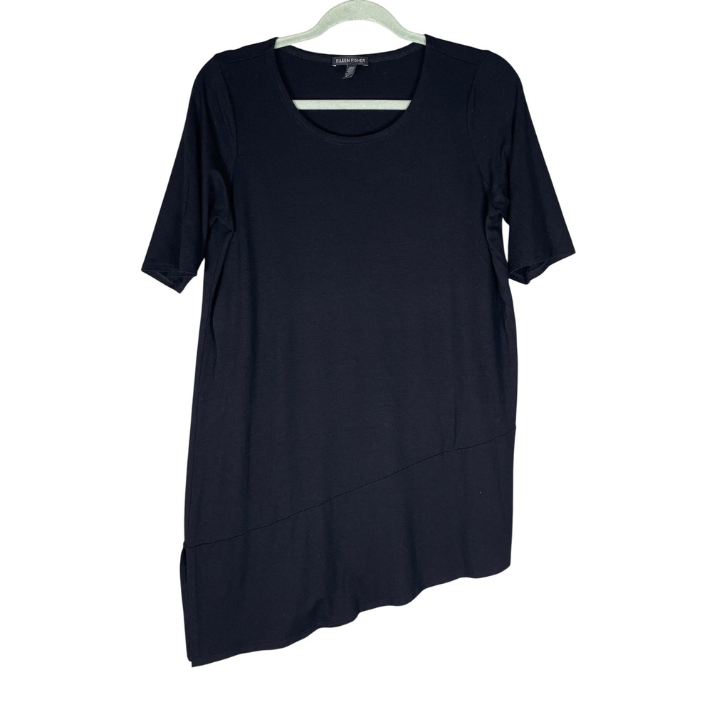 Eileen Fisher Asymmetrical Tunic Womens S Black Very Good Short Sleeve Viscose
